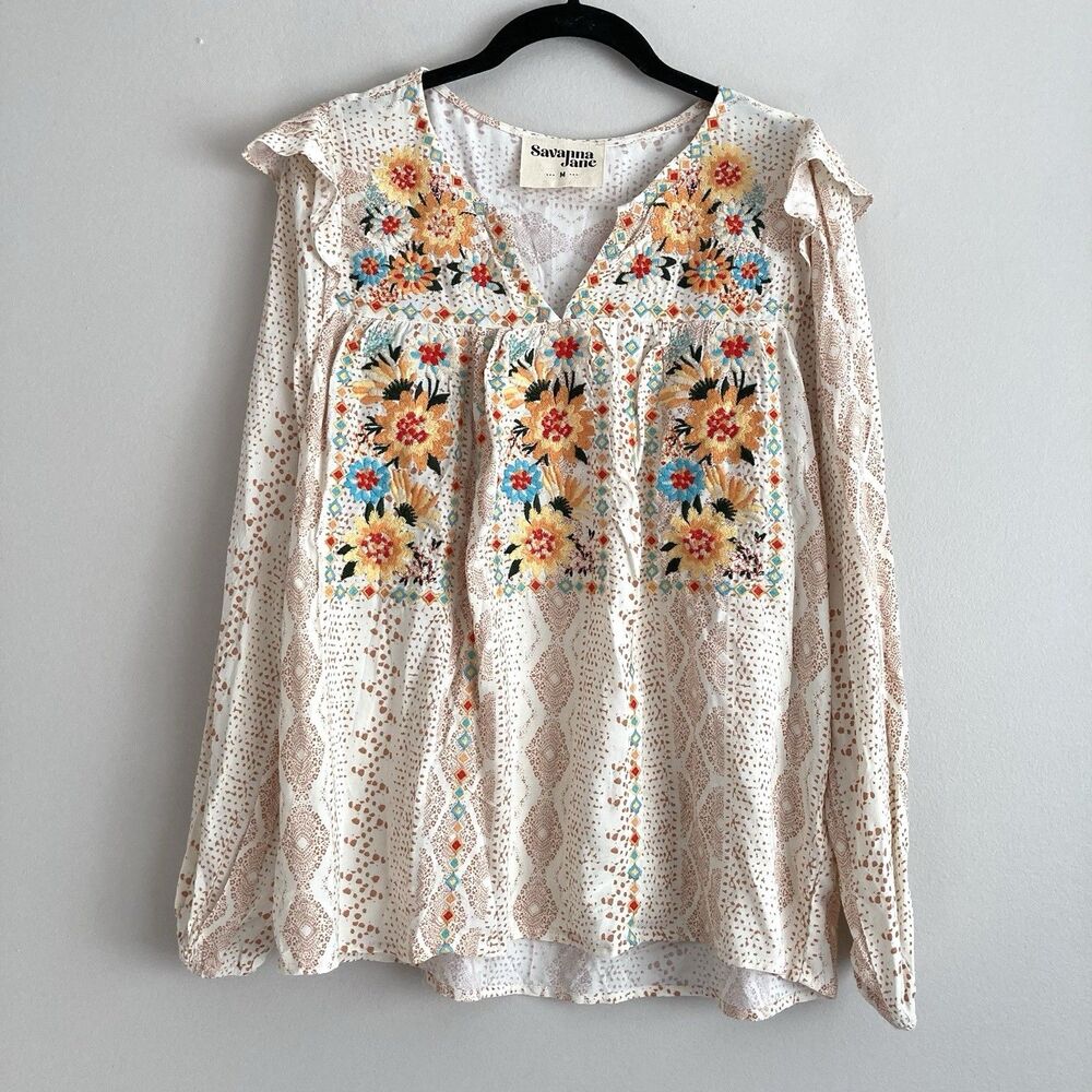 Savanna Jane Floral Embroidered Blouse Size Medium Boho Peasant Indie Hippie